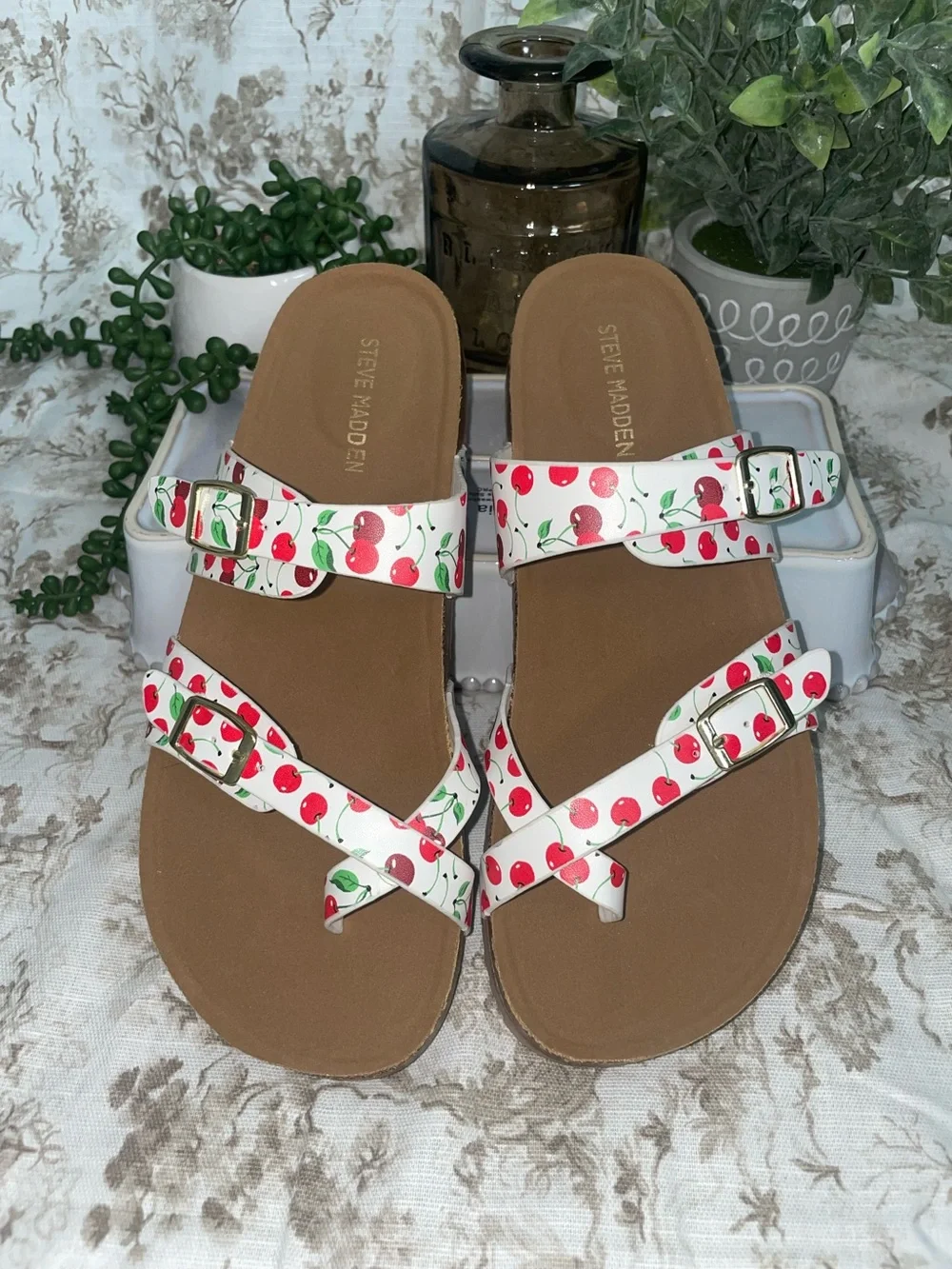 Steve Madden White Cherry Print Buckle Slide Sandals